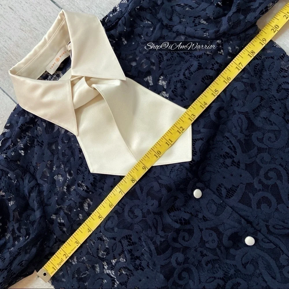 Tory Burch NWT navy lace blouse w/ ivory cuffs & collar with removable neck tie